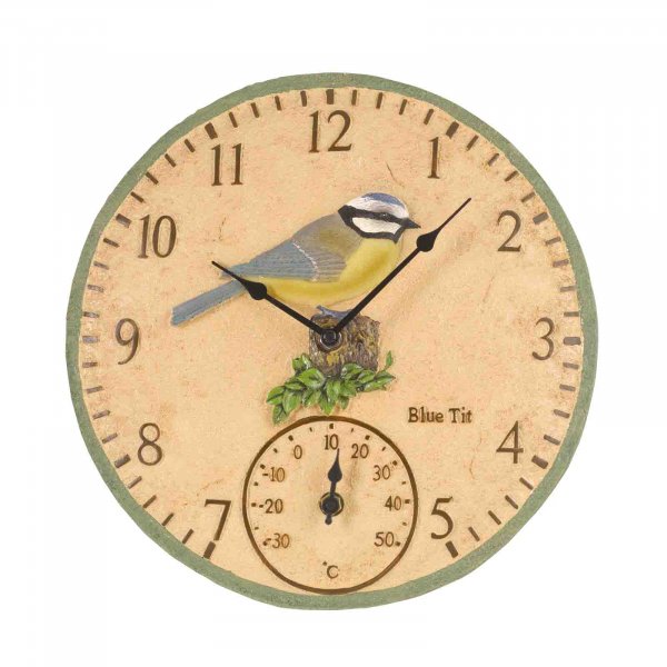 Blue Tit Wall Clock & Thermometer 12In