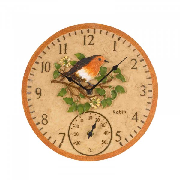 Robin Wall Clock & Thermometer 12In