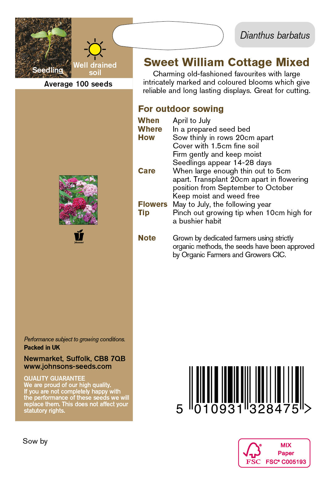Organic SWEET WILLIAM Cottage Mixed