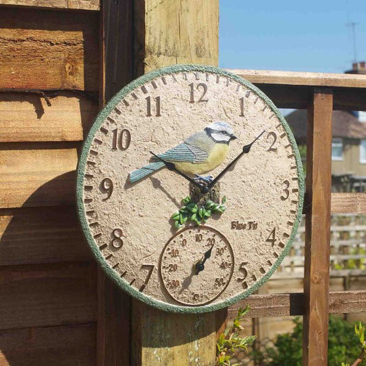 Blue Tit Wall Clock & Thermometer 12In