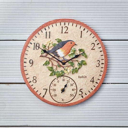 Robin Wall Clock & Thermometer 12In