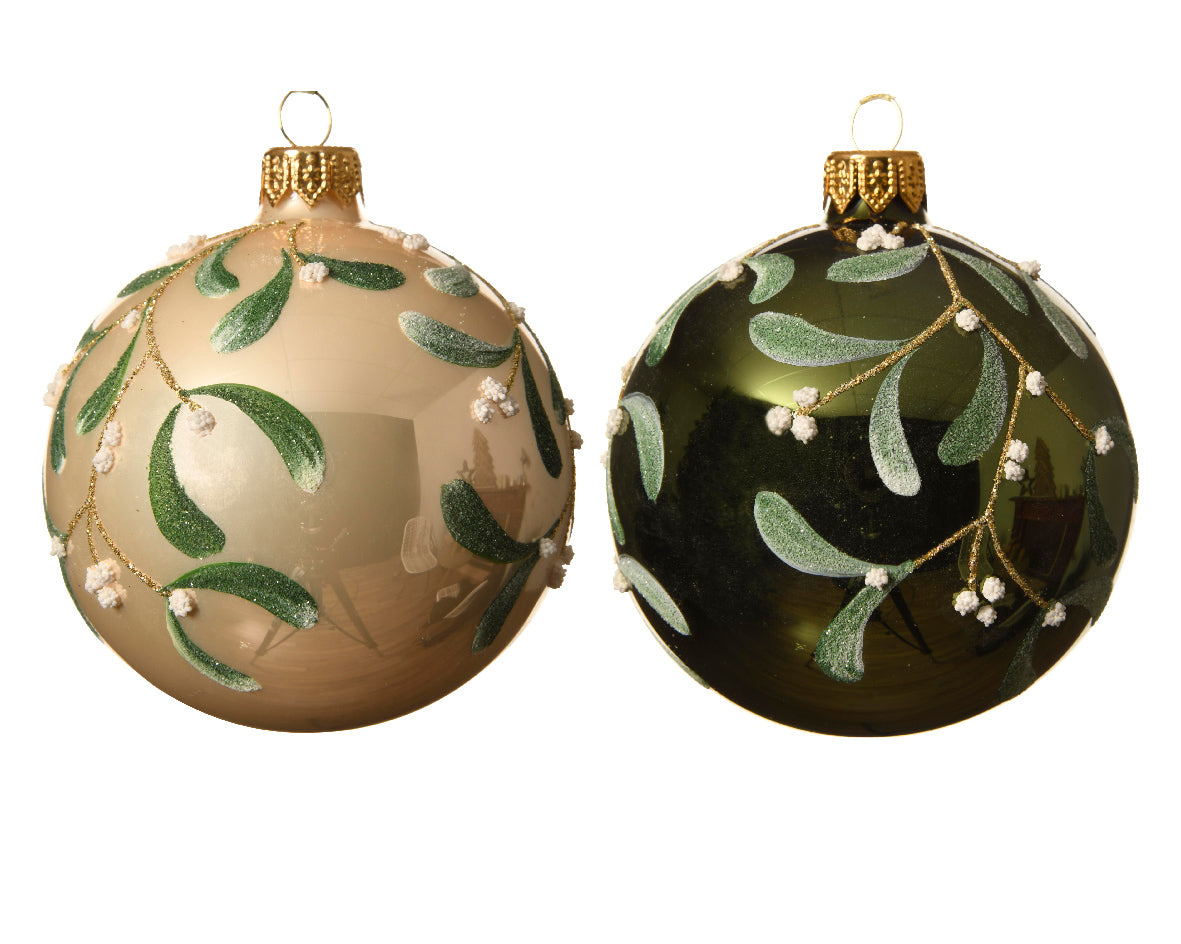 Glass bauble mistletoe Gold Grn 8Cm 2Mix