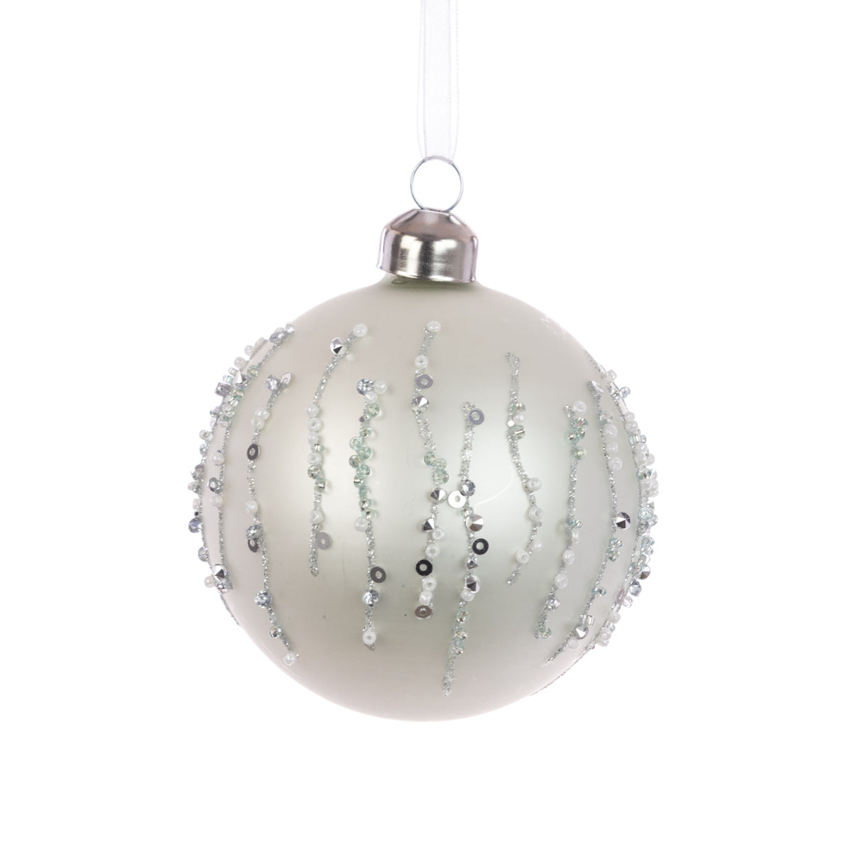 Glass Shelby Bauble White Silver 8Cm