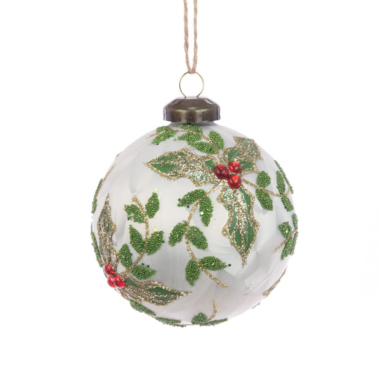 Glass Paisley Bauble White Green 8Cm