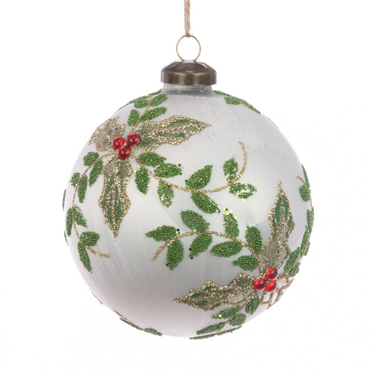 Glass Paisley Bauble White Green 10Cm