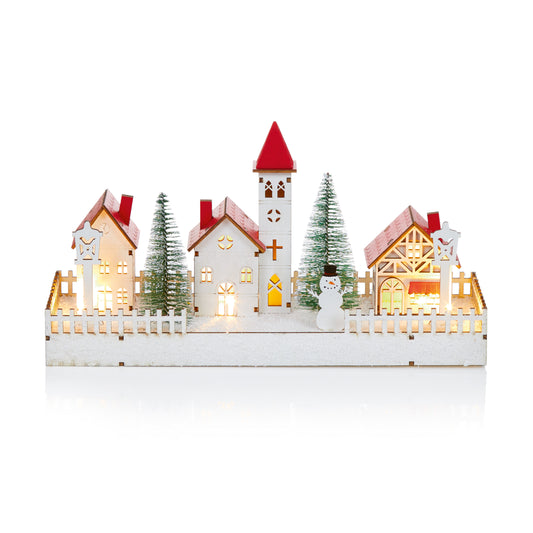 Led Wooden White Village Scene 30Cm