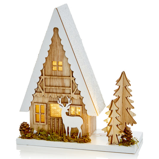 Led Wooden House Reindeer Scene 22Cm