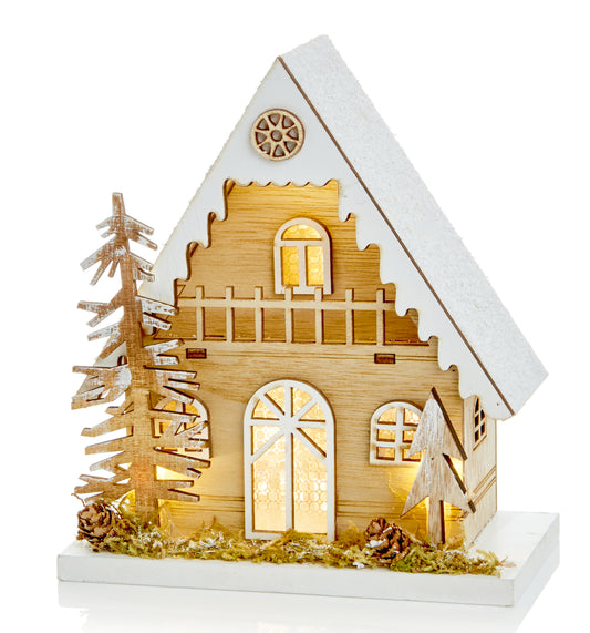 Led Wooden House Trees Scene 18Cm