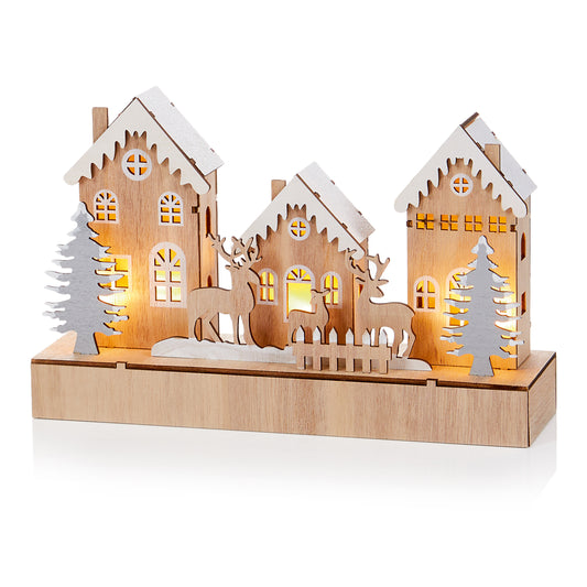 Led Wooden Village Scene 25Cm